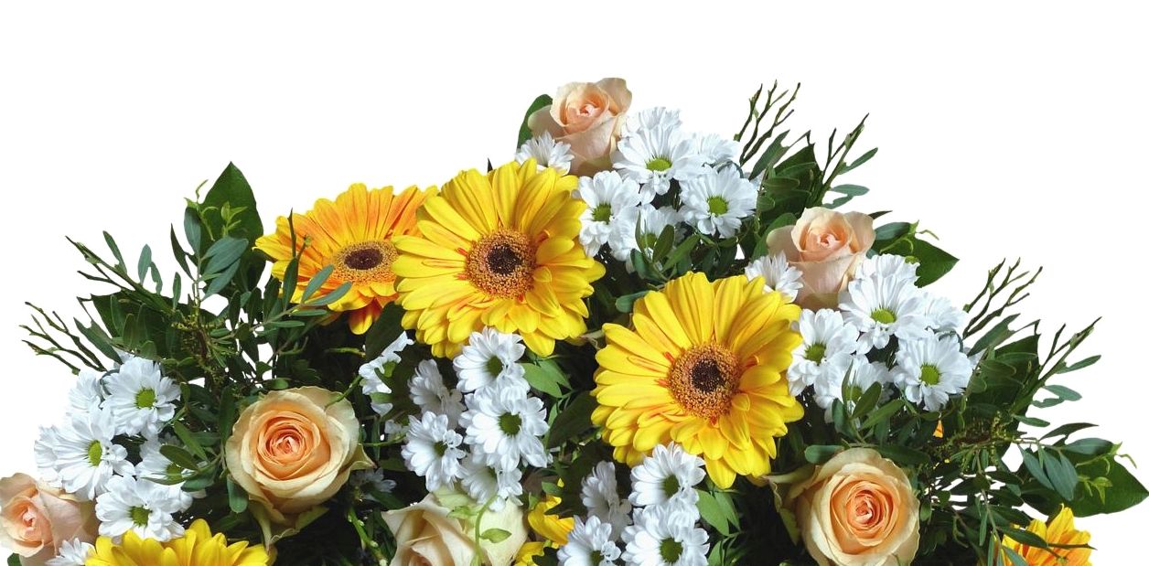 Boeket met blauwe en witte bloemen en zilveren lint